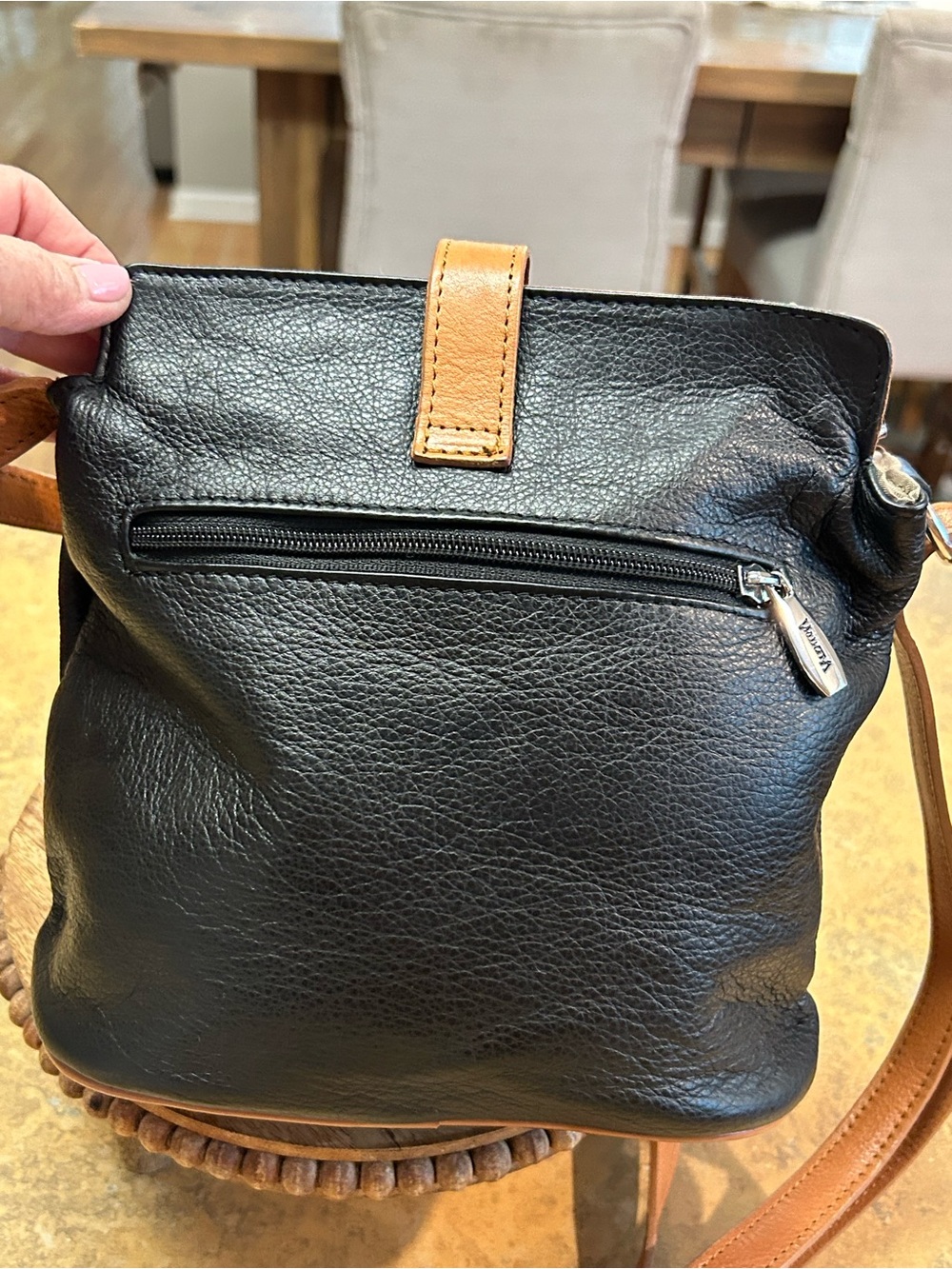 Valentina Leather Bucket Crossbody Bag in Black and Tan - Picture 7 of 16